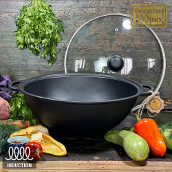 Казан 8л, Ø34см, вага 6,97 кг, чавунний узбецький WOK, кришка скло (Т405С3)